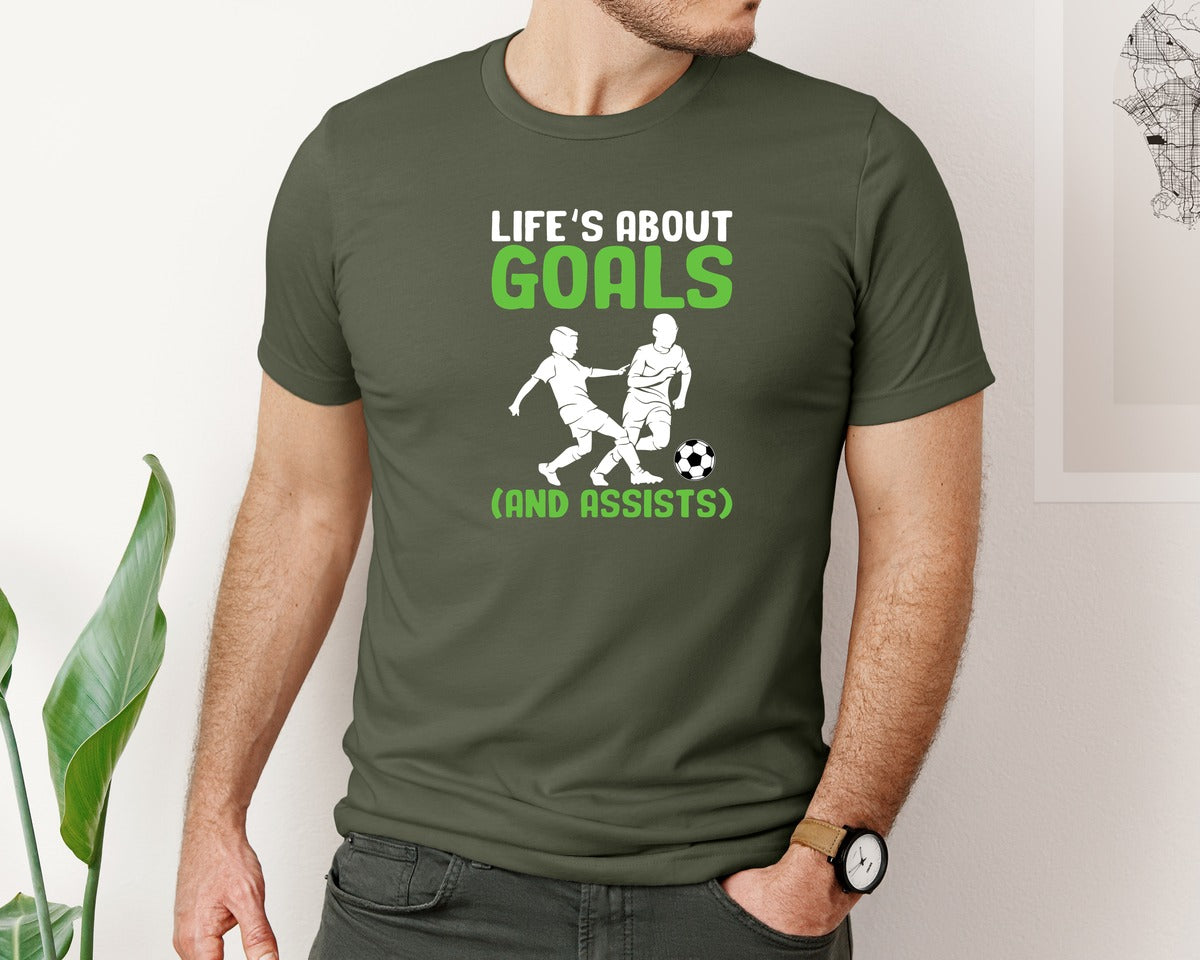 brand:Bella Canvas|color:Military Green|Lifes About Goals Soccer T Shirt Graphic T-Shirt
