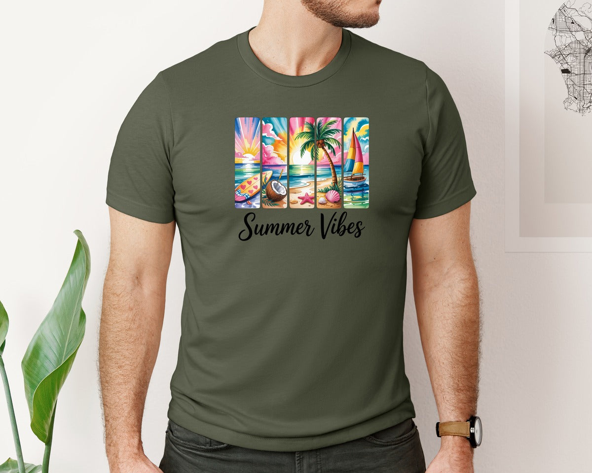 brand:Bella Canvas|color:Military Green|Summer Vibes Beach Collage 9 Graphic T-Shirt