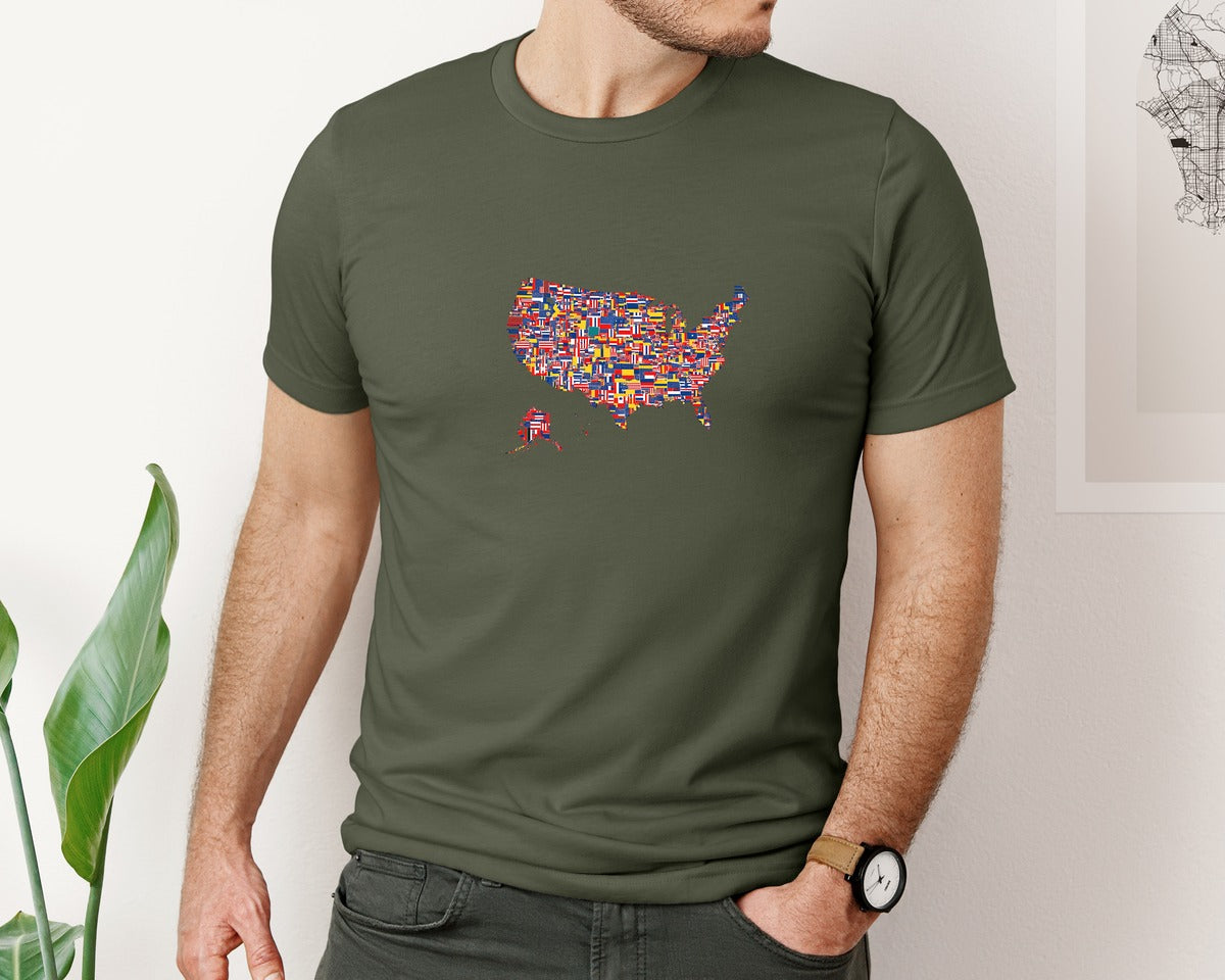 brand:Bella Canvas|color:Military Green|Retro America Usa Map 4Th Of July Graphic T-Shirt