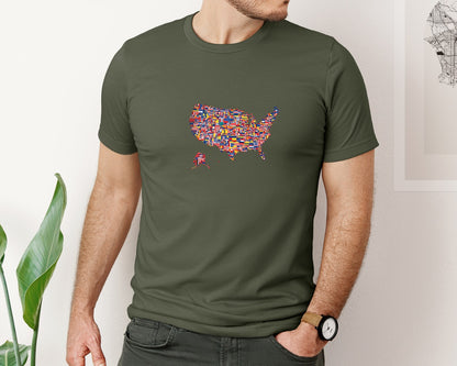brand:Bella Canvas|color:Military Green|Retro America Usa Map 4Th Of July Graphic T-Shirt