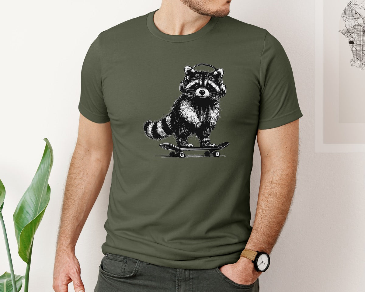 brand:Bella Canvas|color:Military Green|Raccoon Playing Skateboard Shirt Graphic T-Shirt