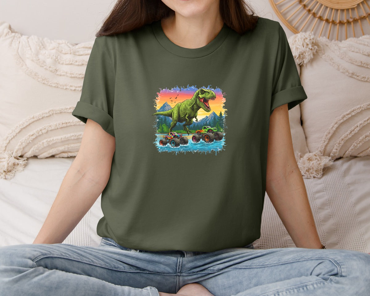 brand:Bella Canvas|color:Military Green|Dinosaur Monster Truck T Rex Graphic T-Shirt