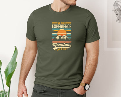 brand:Bella Canvas|color:Military Green|Wild Life Experience Mountain Hiking Tee Graphic T-Shirt