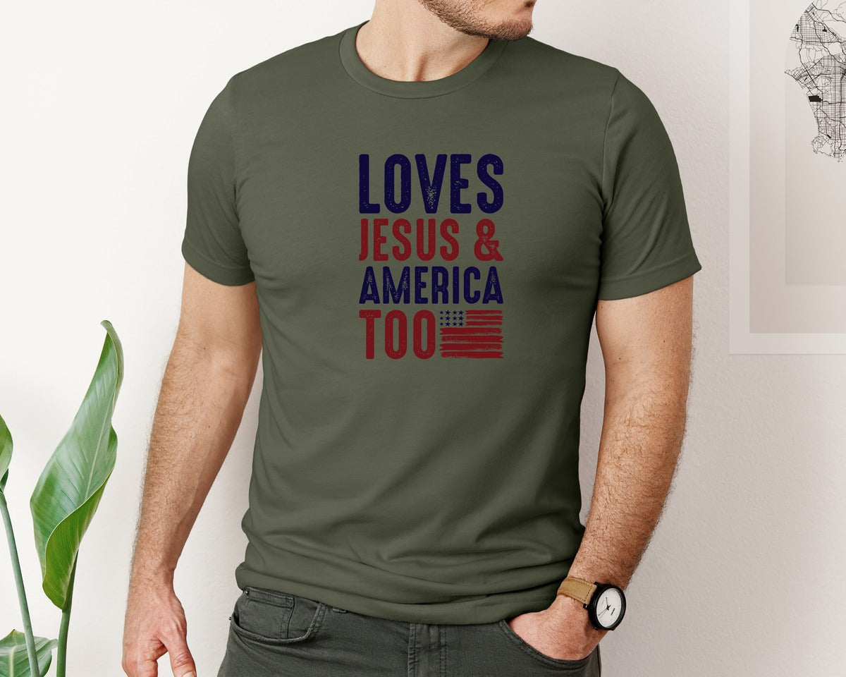 brand:Bella Canvas|color:Military Green|Loves Jesus And America Too Jesus Graphic T-Shirt