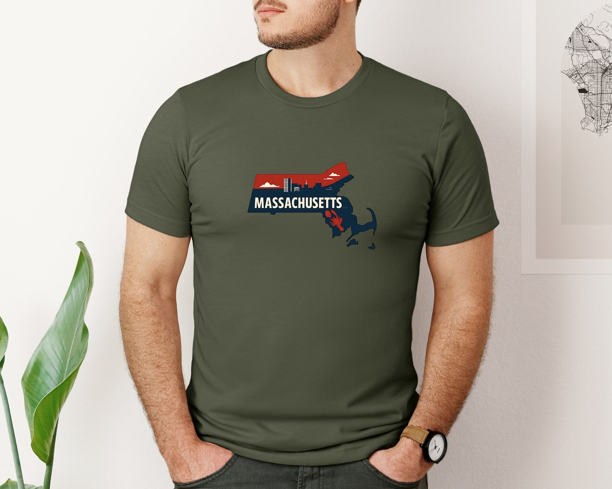 brand:Bella Canvas|color:Military Green|Massachusetts State Map 2 Graphic T-Shirt
