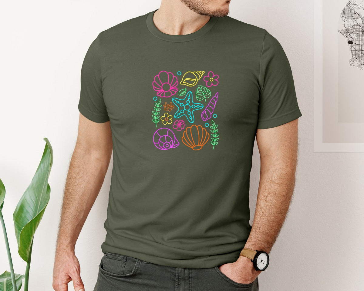 brand:Bella Canvas|color:Military Green|Neon Seashell Summer Beach Graphic T-Shirt