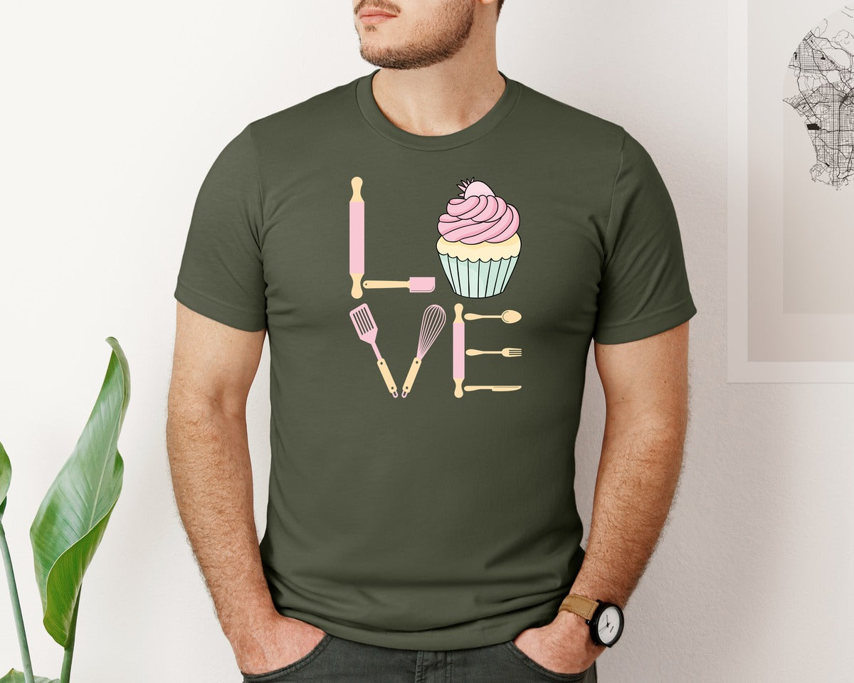 brand:Bella Canvas|color:Military Green|Baking Love Cupcake Whisk Spatula Graphic T-Shirt