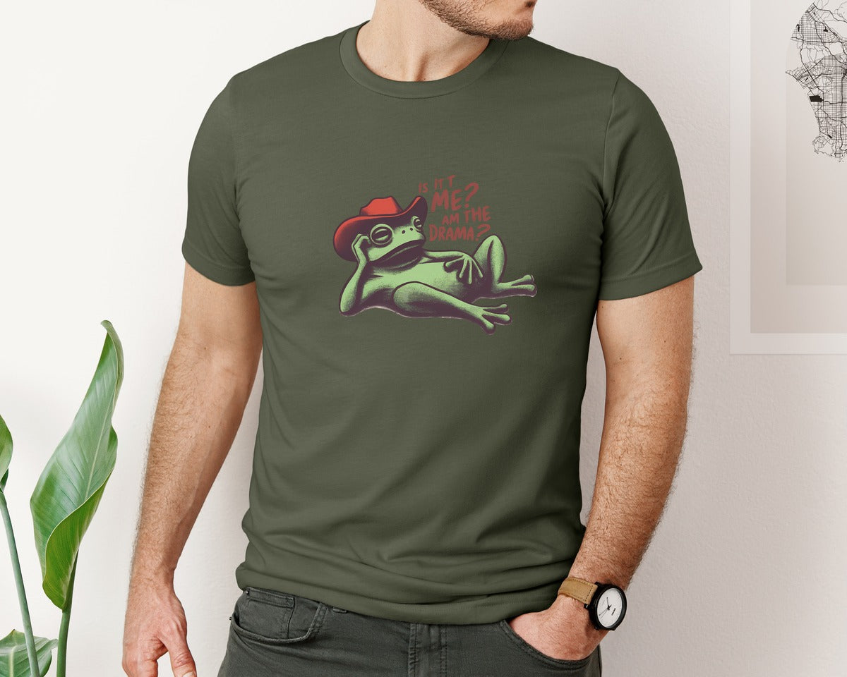 brand:Bella Canvas|color:Military Green|Drama Frog Funny Cowboy Aesthetic Graphic T-Shirt