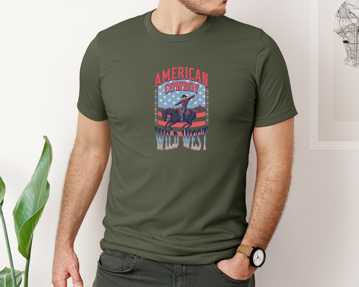 brand:Bella Canvas|color:Military Green|American Cowboy Wild West Vintage Graphic T-Shirt