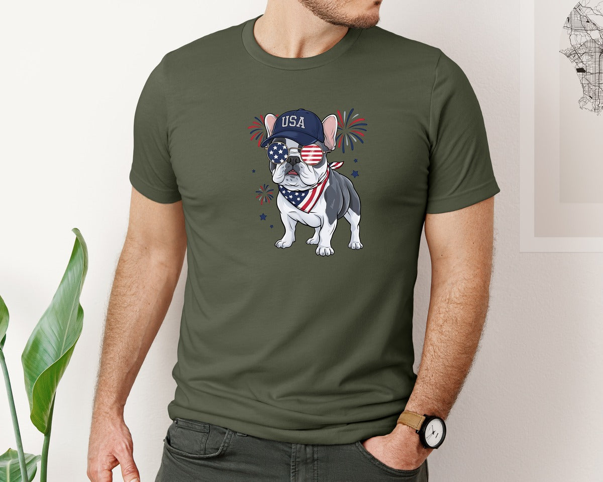 brand:Bella Canvas|color:Military Green|Patriotic Bulldog 4Th Of July Dog Usa 2 Graphic T-Shirt