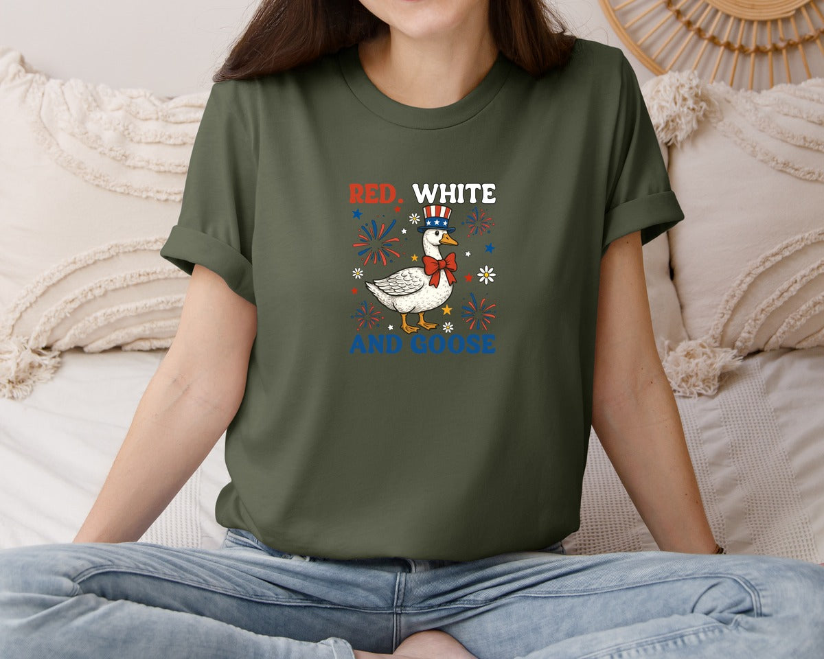 brand:Bella Canvas|color:Military Green|Red White And Goose Funny 4Th July Graphic T-Shirt