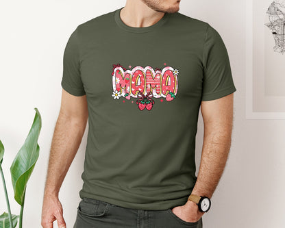 brand:Bella Canvas|color:Military Green|Mama Strawberry Bow Daisy Flower Graphic T-Shirt