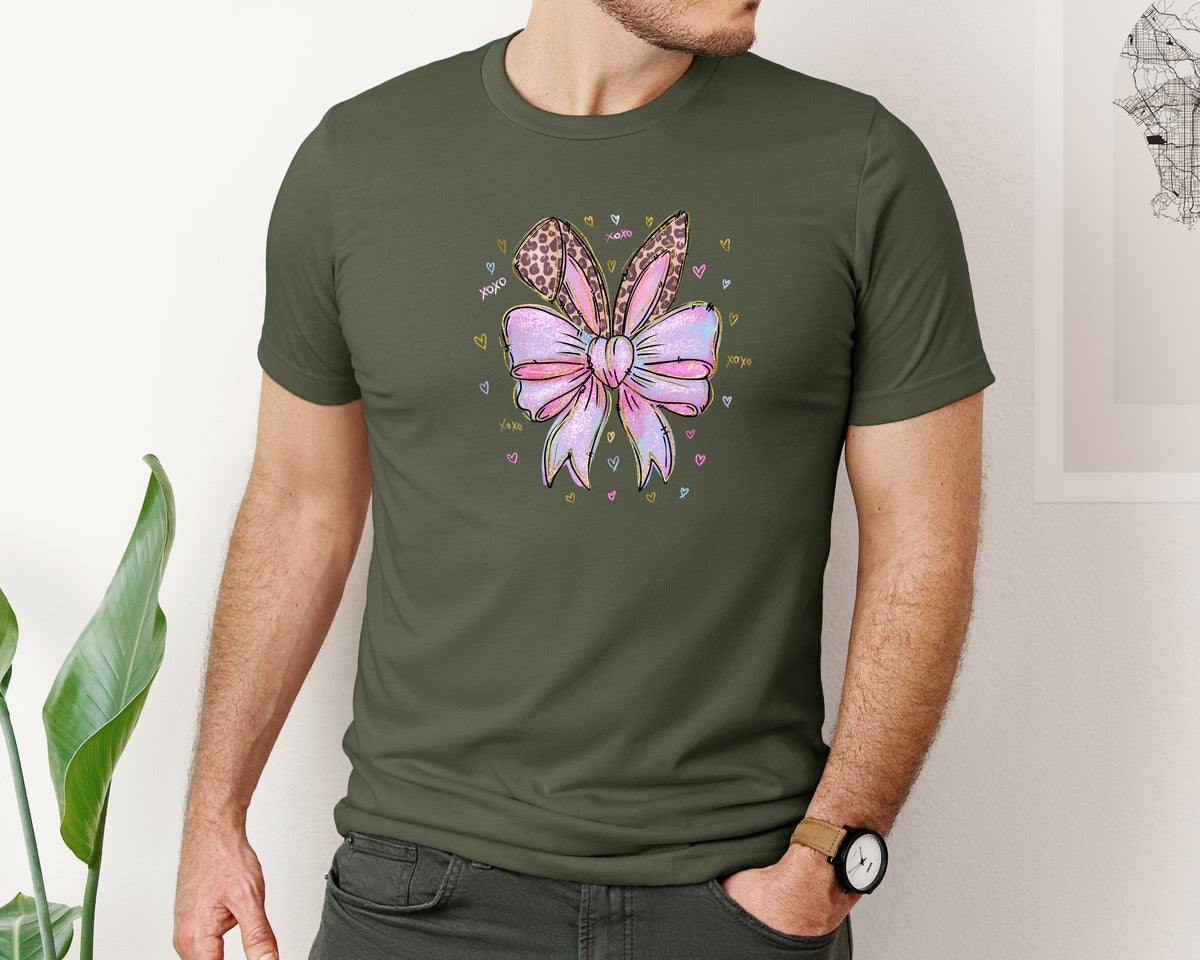 brand:Bella Canvas|color:Military Green|Leopard Bunny Ears Pink Blue Bow Graphic T-Shirt