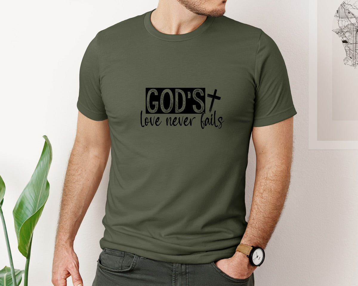 brand:Bella Canvas|color:Military Green|Gods Love Never Fails Sleeve Design 2 Graphic T-Shirt