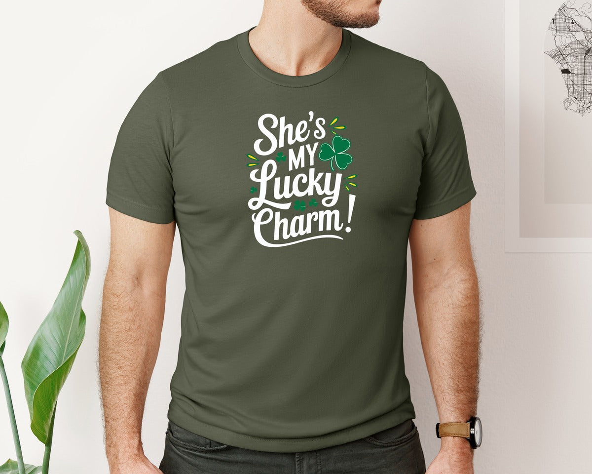 brand:Bella Canvas|color:Military Green|Shes My Lucky Charm St Patricks Day 2 Graphic T-Shirt