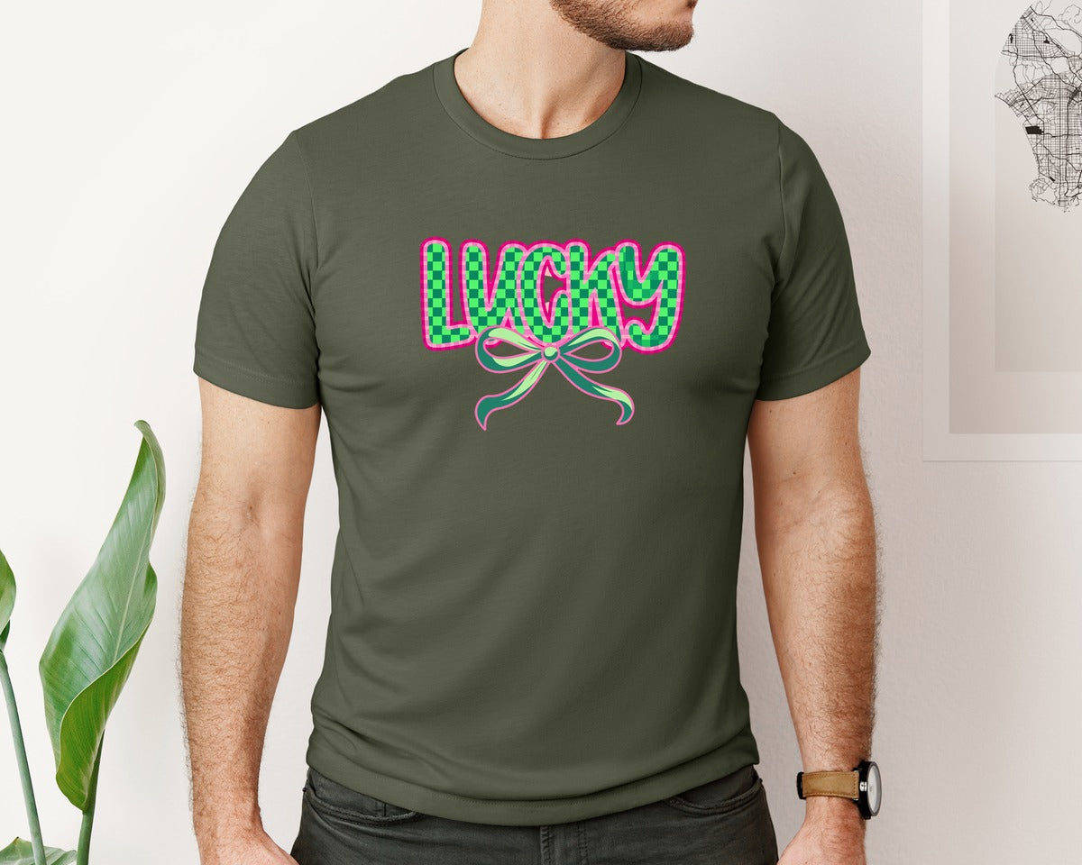 brand:Bella Canvas|color:Military Green|Lucky St Patricks Day Aesthetic Graphic T-Shirt