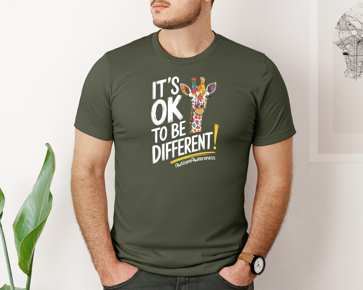 brand:Bella Canvas|color:Military Green|Its Ok To Be Different Autism Awareness 17 Graphic T-Shirt
