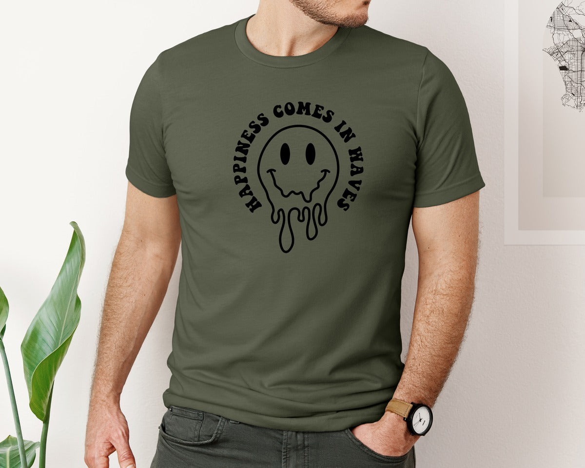 brand:Bella Canvas|color:Military Green|Happiness Comes In Waves Wavy Graphic T-Shirt