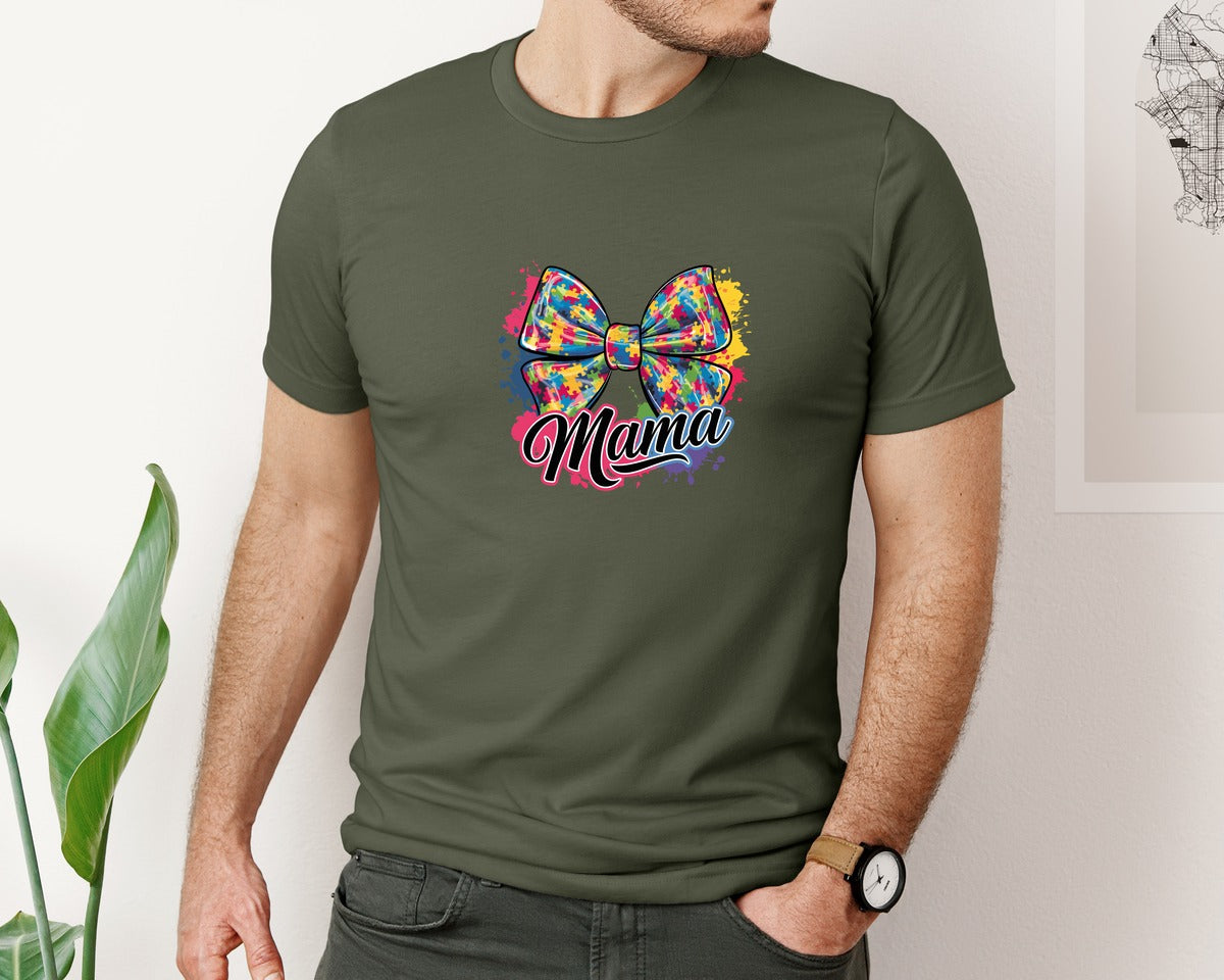 brand:Bella Canvas|color:Military Green|Autism Mama Colorful Puzzle Bow Art Graphic T-Shirt
