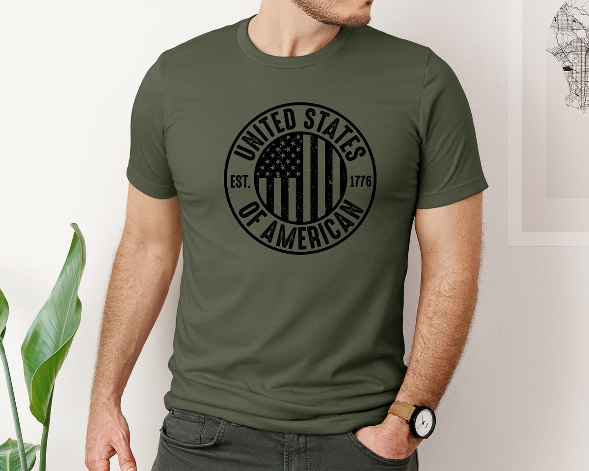brand:Bella Canvas|color:Military Green|United States Of America Patriotic Graphic T-Shirt