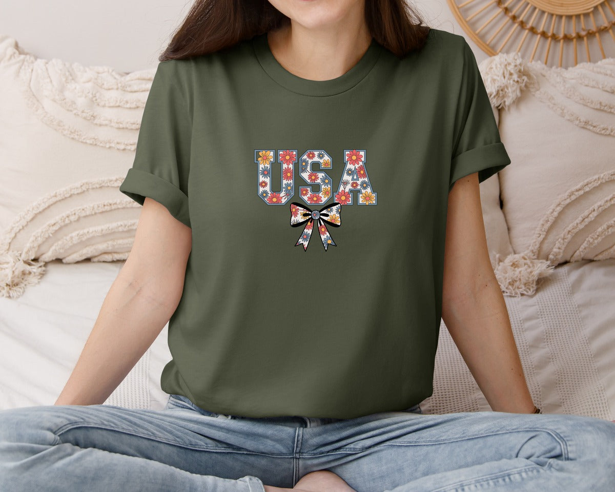 brand:Bella Canvas|color:Military Green|Floral Coquette Usa Retro America 4 Graphic T-Shirt