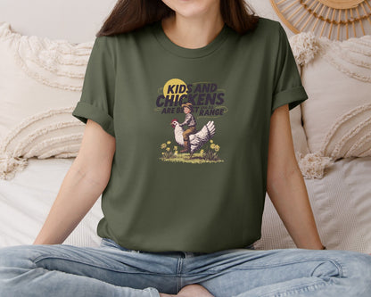 brand:Bella Canvas|color:Military Green|Kids And Chickens Vintage Farm Graphic T-Shirt