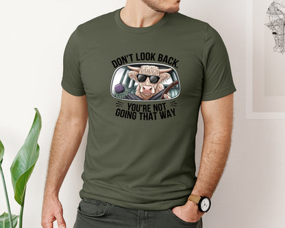 brand:Bella Canvas|color:Military Green|Dont Look Back Highland Cow 4 Graphic T-Shirt
