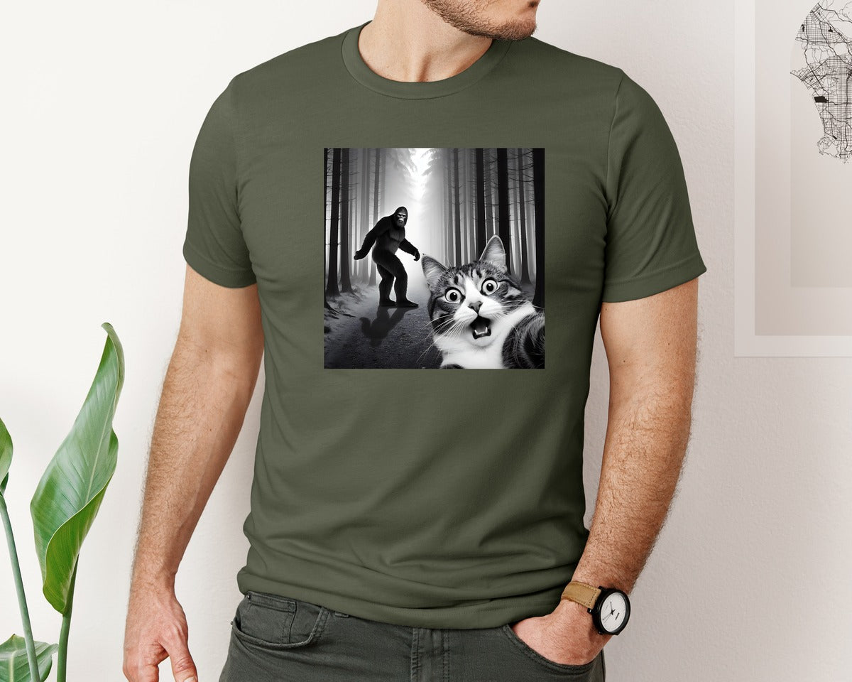 brand:Bella Canvas|color:Military Green|Cat Selfie With Sasquatch Graphic T-Shirt