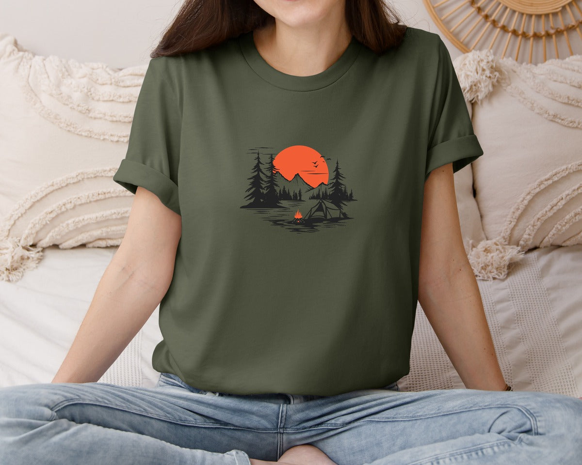 brand:Bella Canvas|color:Military Green|Sunset Camping Adventure T Shirt Design 9 Graphic T-Shirt