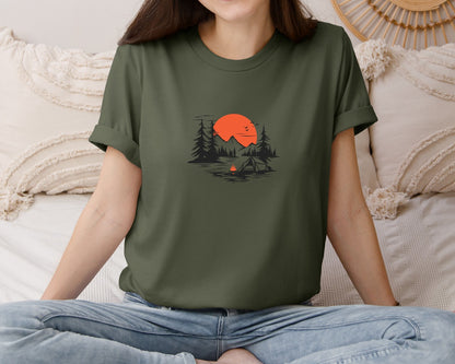 brand:Bella Canvas|color:Military Green|Sunset Camping Adventure T Shirt Design 9 Graphic T-Shirt