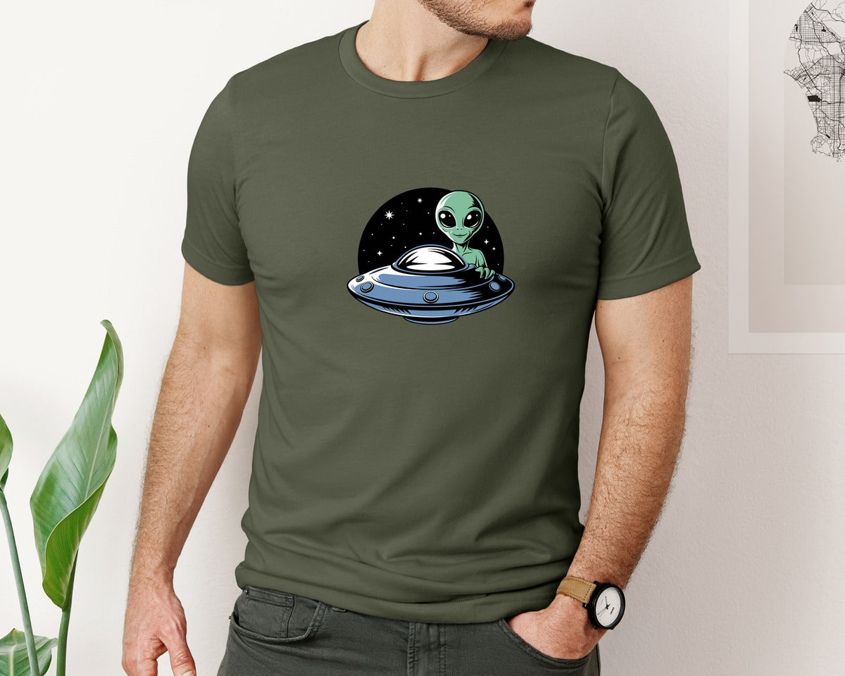 brand:Bella Canvas|color:Military Green|Retro Vintage Ufo Alien T Shirt Design 4 Graphic T-Shirt