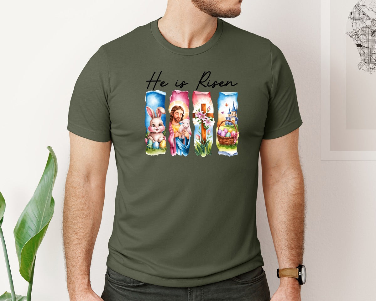 brand:Bella Canvas|color:Military Green|He Is Risen Easter Jesus Christian Graphic T-Shirt