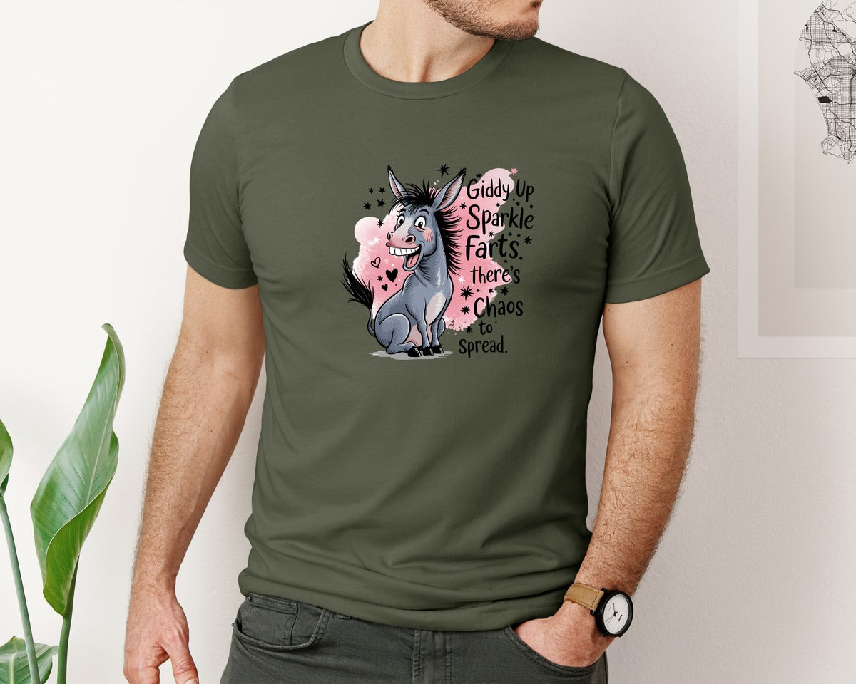 brand:Bella Canvas|color:Military Green|Funny Donkey Sparkle Farts 2 Graphic T-Shirt