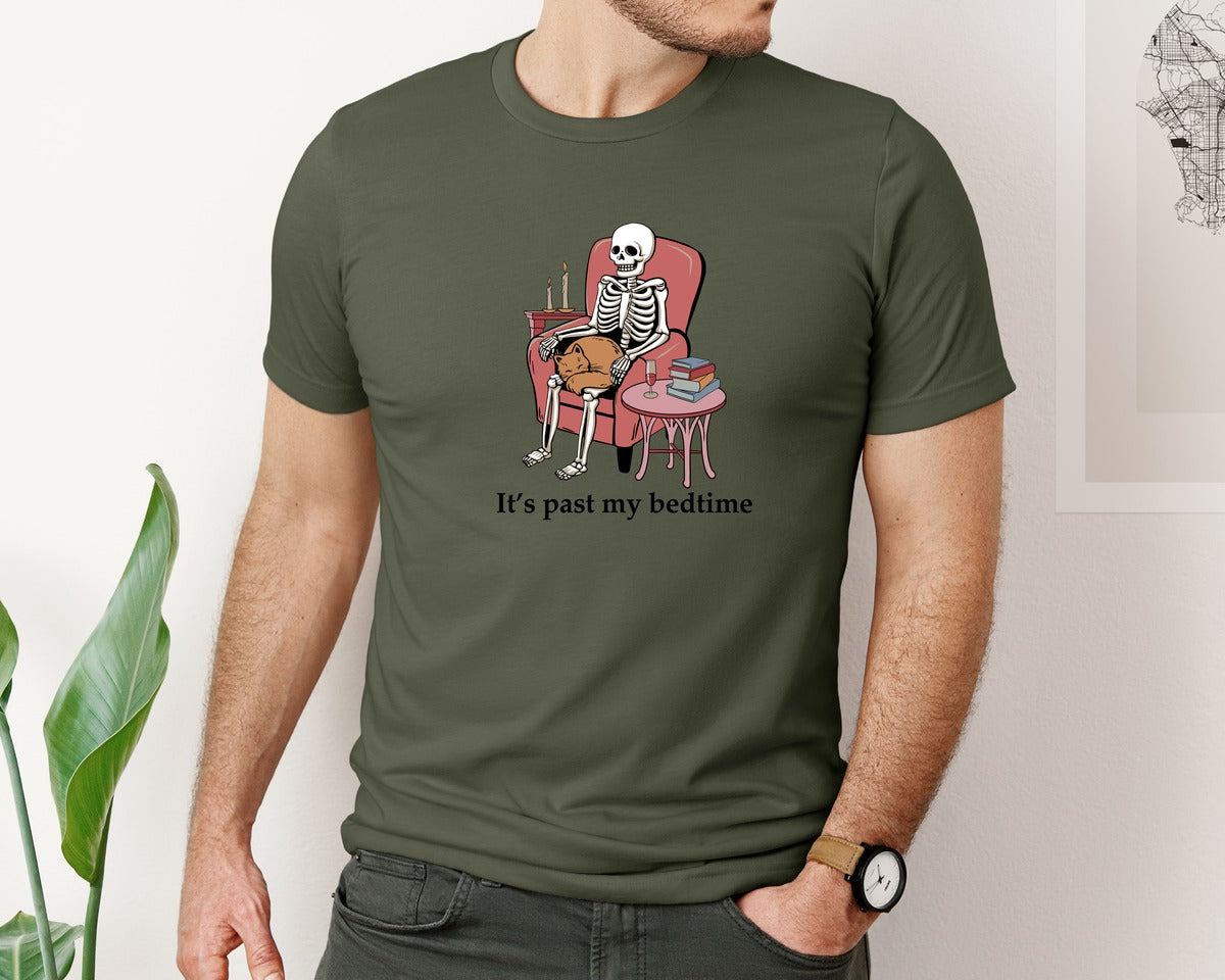brand:Bella Canvas|color:Military Green|Its Past My Bedtime Funny Skeleton Graphic T-Shirt