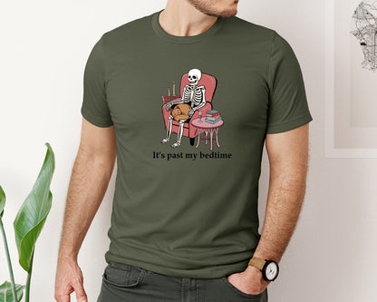 brand:Bella Canvas|color:Military Green|Its Past My Bedtime Funny Skeleton Graphic T-Shirt