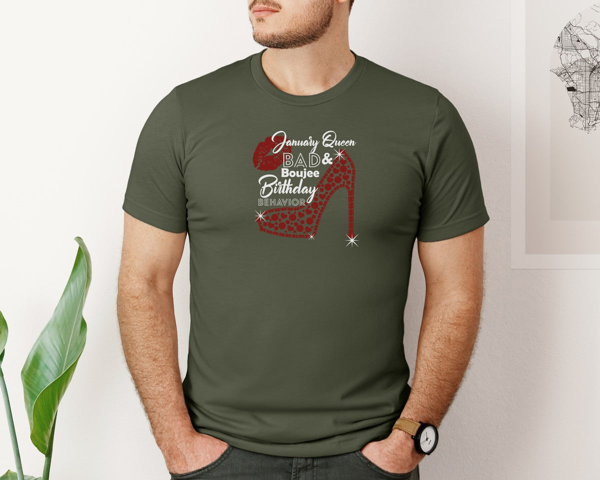 brand:Bella Canvas|color:Military Green|January Queen Birthday Rhinestone Shirt Graphic T-Shirt