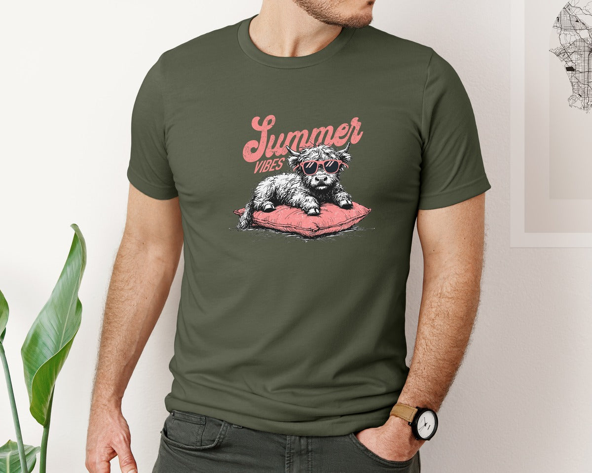 brand:Bella Canvas|color:Military Green|Summer Vibes Highland Cow Shirt Graphic T-Shirt