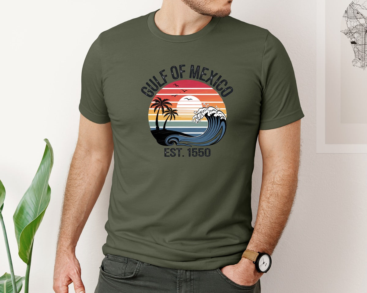 brand:Bella Canvas|color:Military Green|Gulf Of Mexico Sunset Graphic T-Shirt