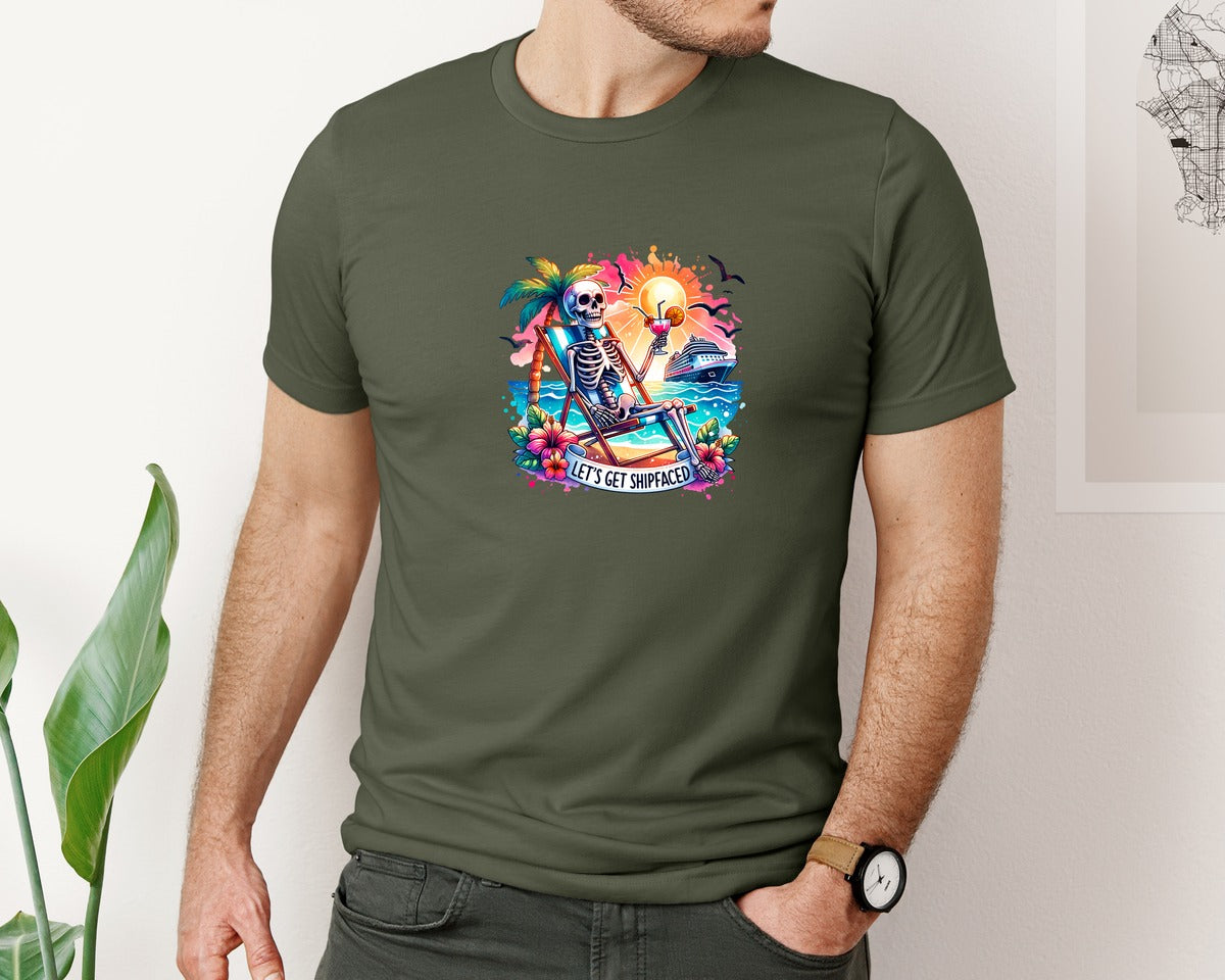 brand:Bella Canvas|color:Military Green|Cruise Skeleton Funny Graphic T-Shirt