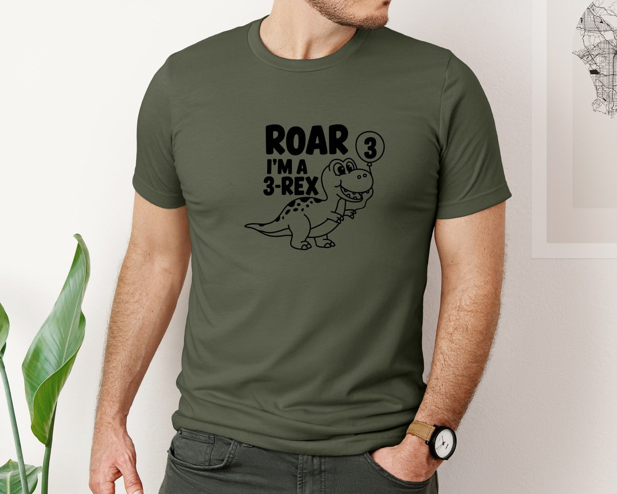 brand:Bella Canvas|color:Military Green|3 Rex Dinosaur Birthday Graphic T-Shirt