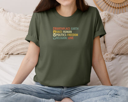 brand:Bella Canvas|color:Military Green|Birthplace Earth Race Human Politics Fre Graphic T-Shirt