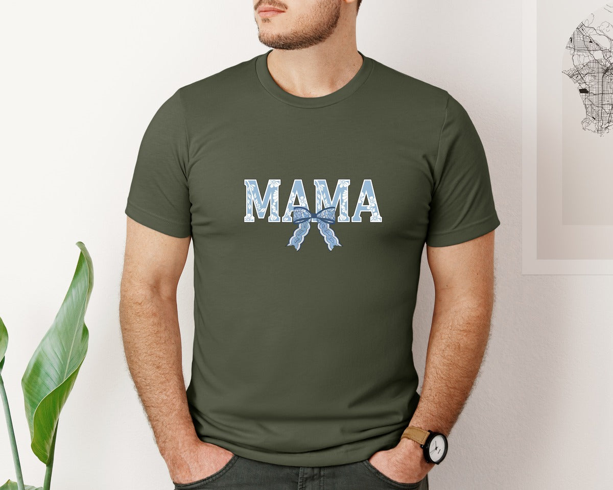 brand:Bella Canvas|color:Military Green|Mama Floral Coquette Bow Mama Graphic T-Shirt