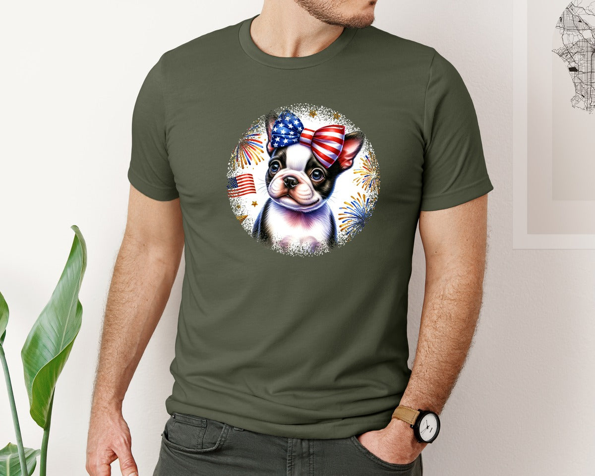 brand:Bella Canvas|color:Military Green|Boston Terrier Dog Patriotic Round 3 Graphic T-Shirt