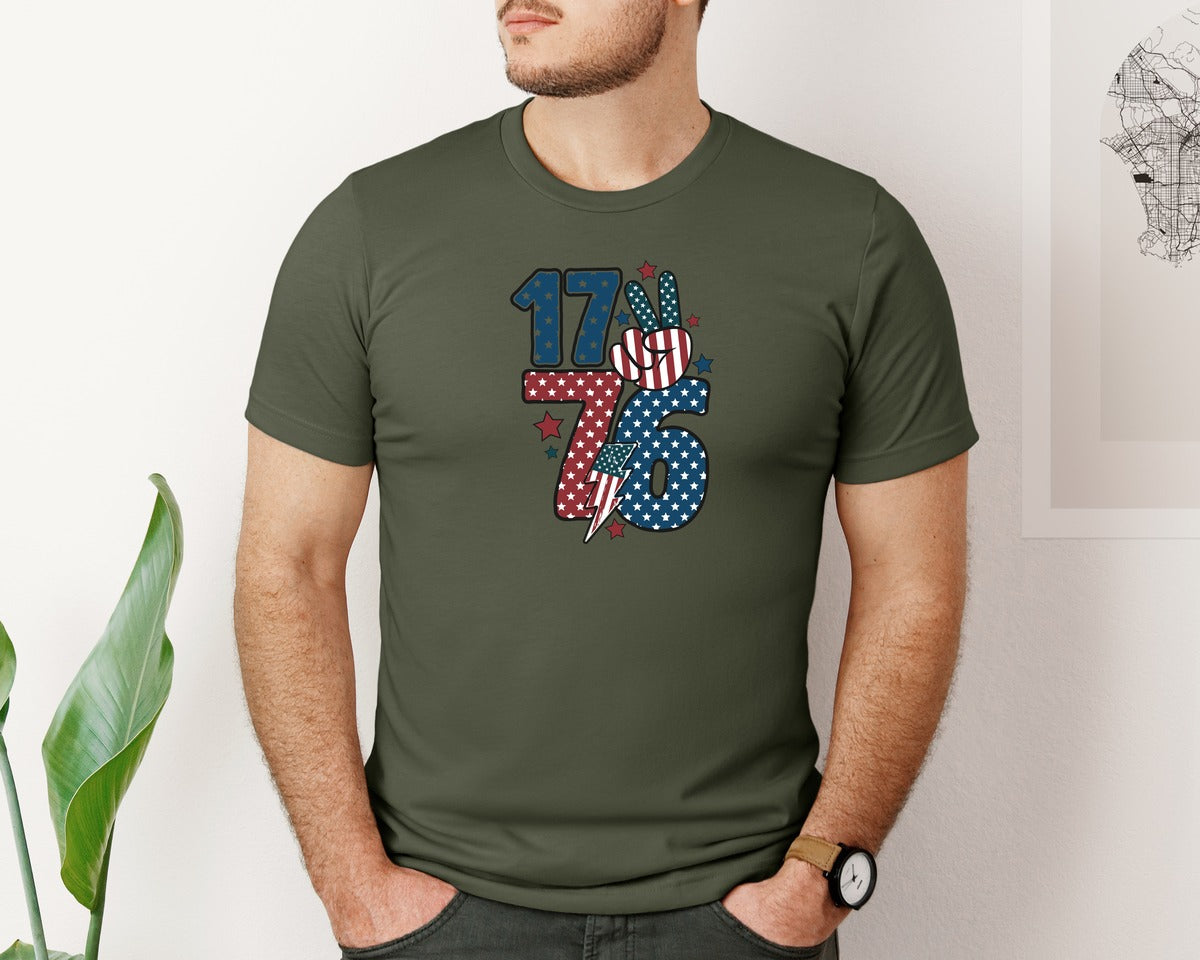 brand:Bella Canvas|color:Military Green|1776 America Retro T Shirt Design Graphic T-Shirt