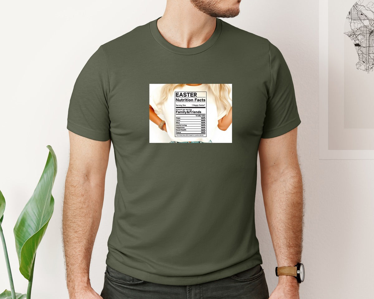 brand:Bella Canvas|color:Military Green|Easter Nutrition Facts Easter 2 Graphic T-Shirt