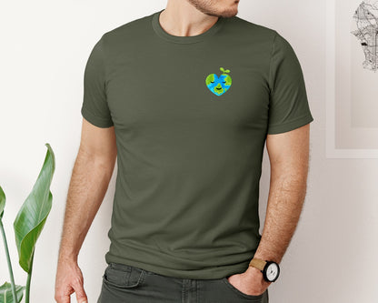 brand:Bella Canvas|color:Military Green|Love Heart Earth Globe Pocket Design Graphic T-Shirt
