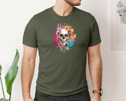 brand:Bella Canvas|color:Military Green|Floral Skull Watercolor Skull Shirt Graphic T-Shirt