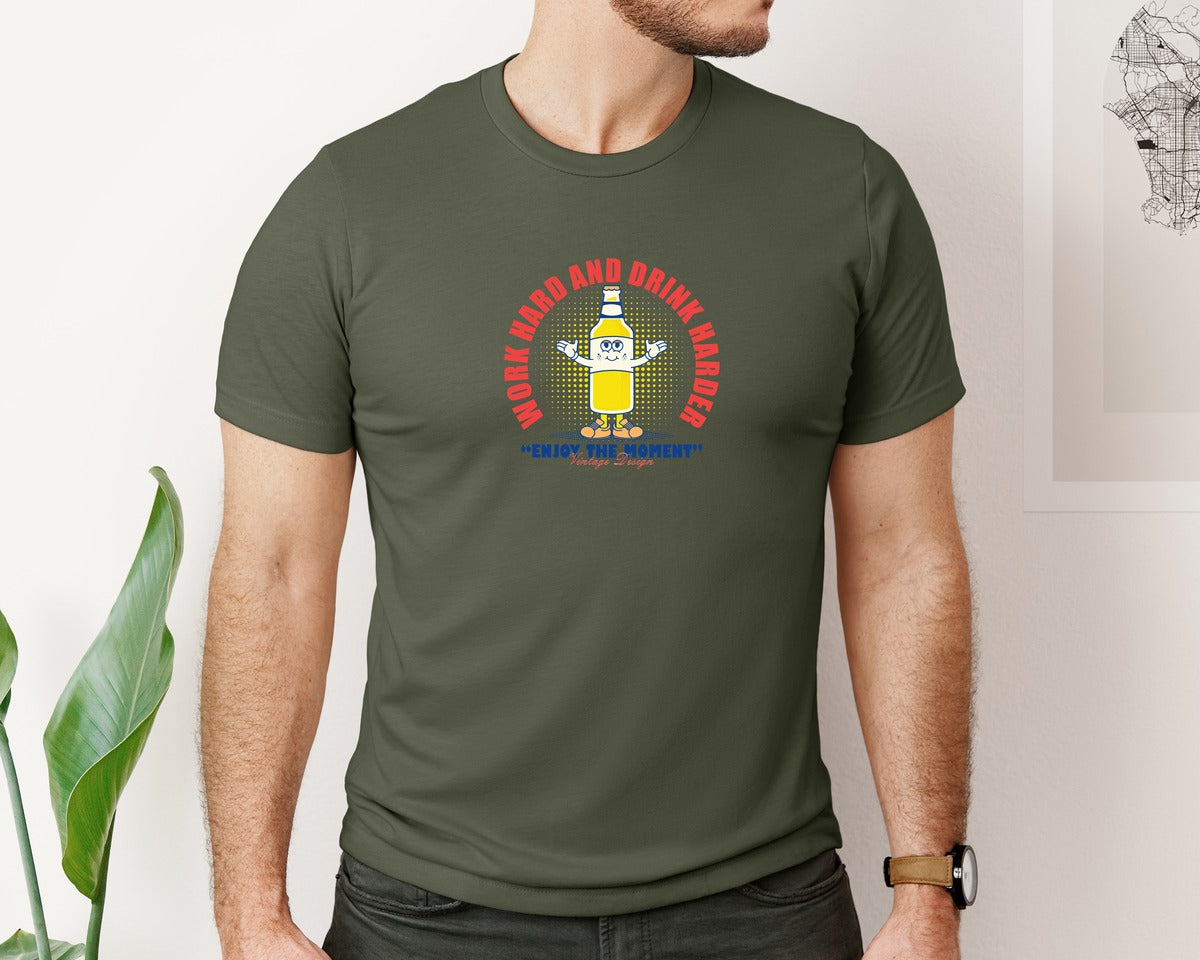 brand:Bella Canvas|color:Military Green|Retro Cartoon Glass Bottle Of Beer Graphic T-Shirt