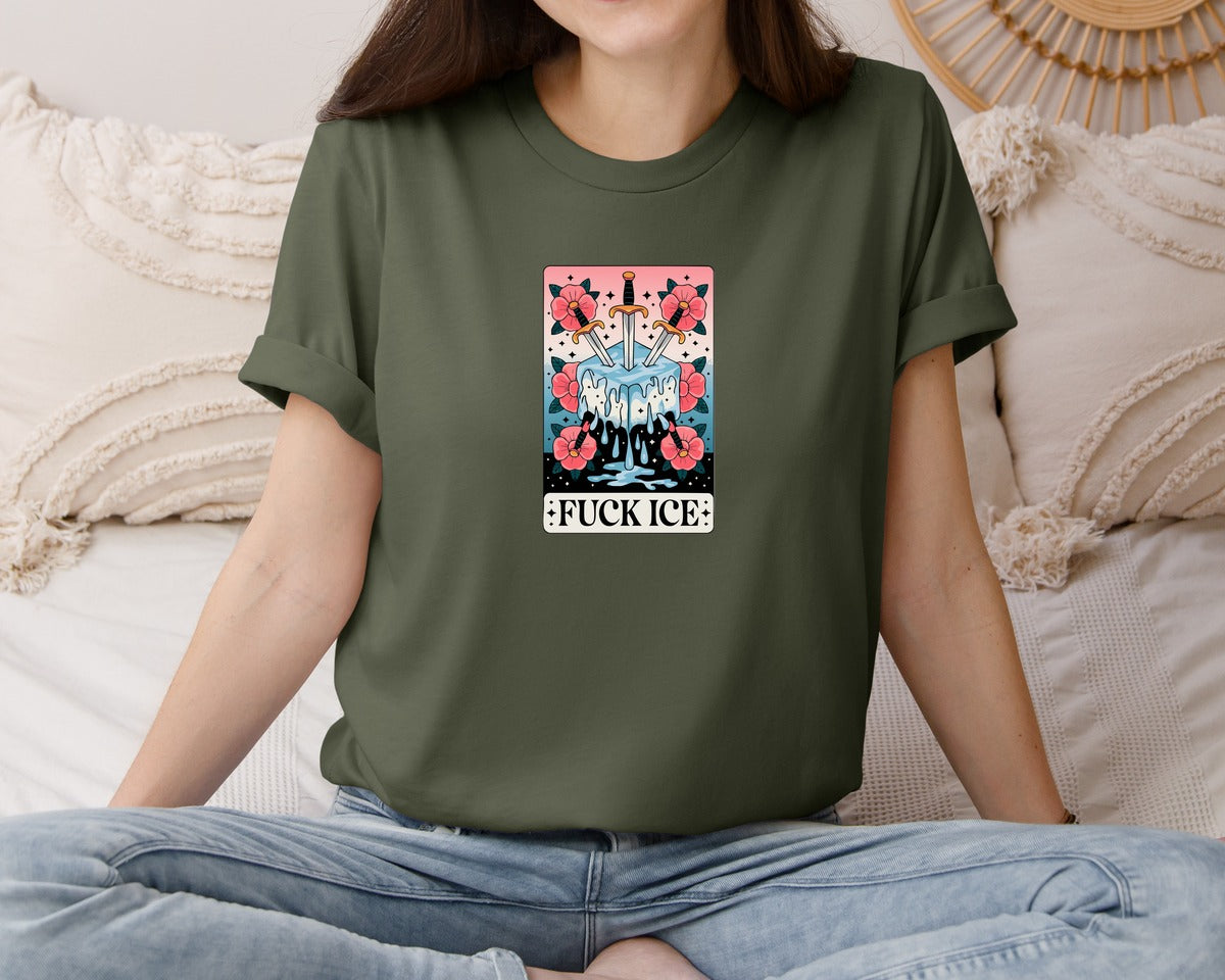 brand:Bella Canvas|color:Military Green|Melting Ice Floral Sword Art Graphic T-Shirt