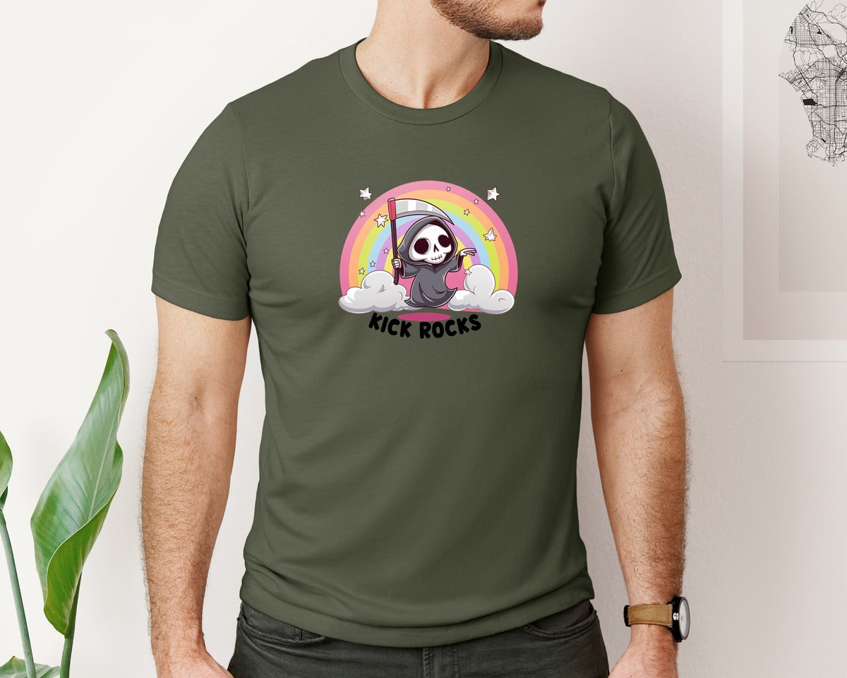 brand:Bella Canvas|color:Military Green|Kick Rocks Cute Grim Reaper Graphic T-Shirt
